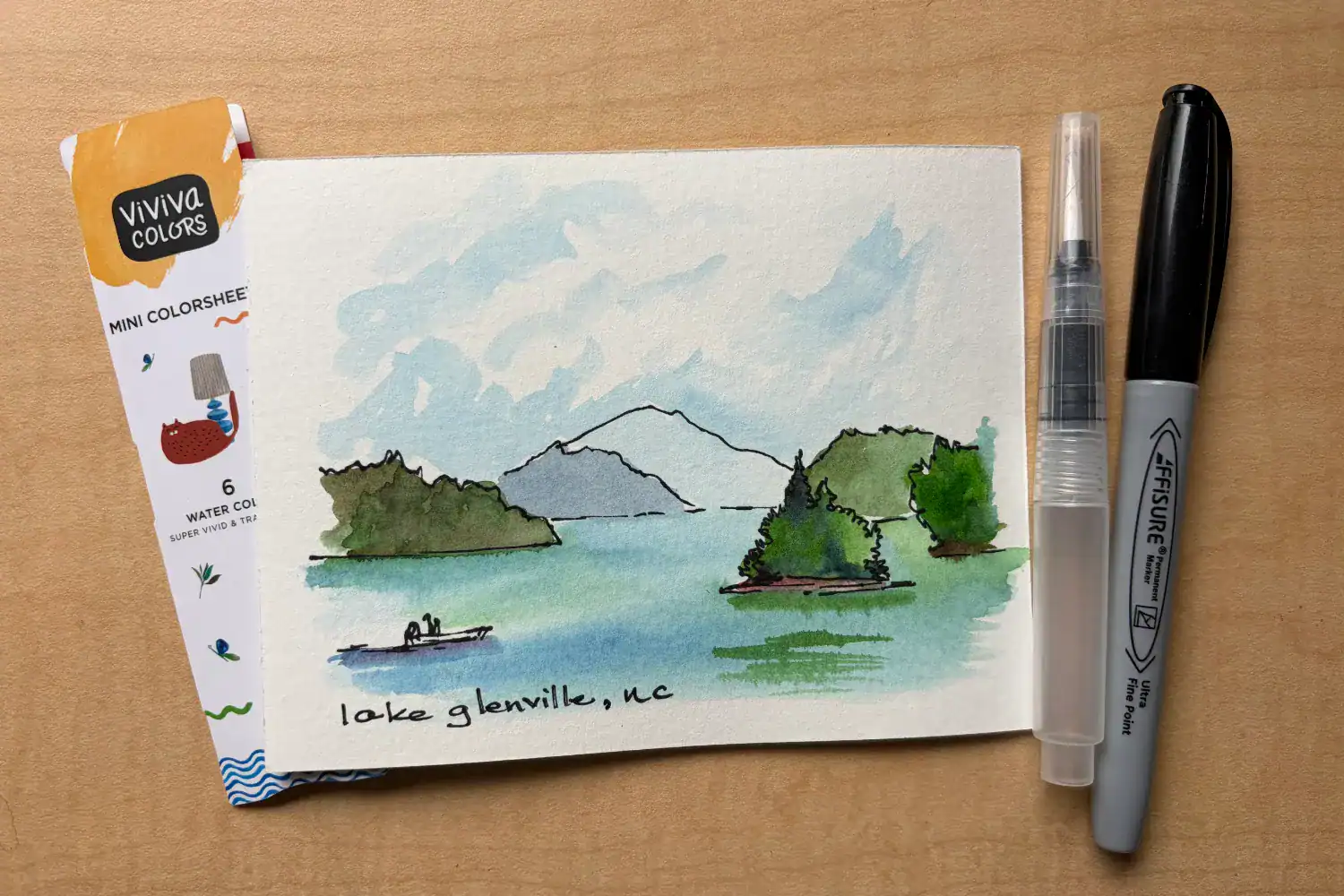 Postcard class Watercolor postcard of Lake Glenville with colorsheets, waterbrush, and marker