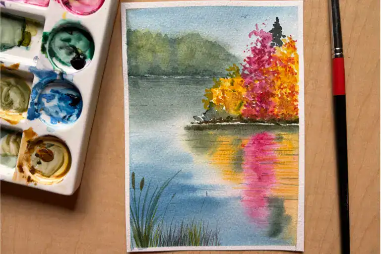 Watercolor Lake Glenville in Autumn