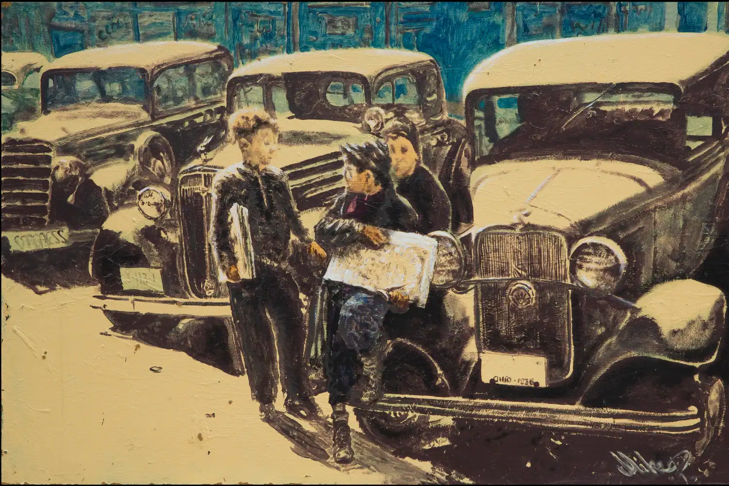 Painting of young newsies chatting while leaning against vintage cars