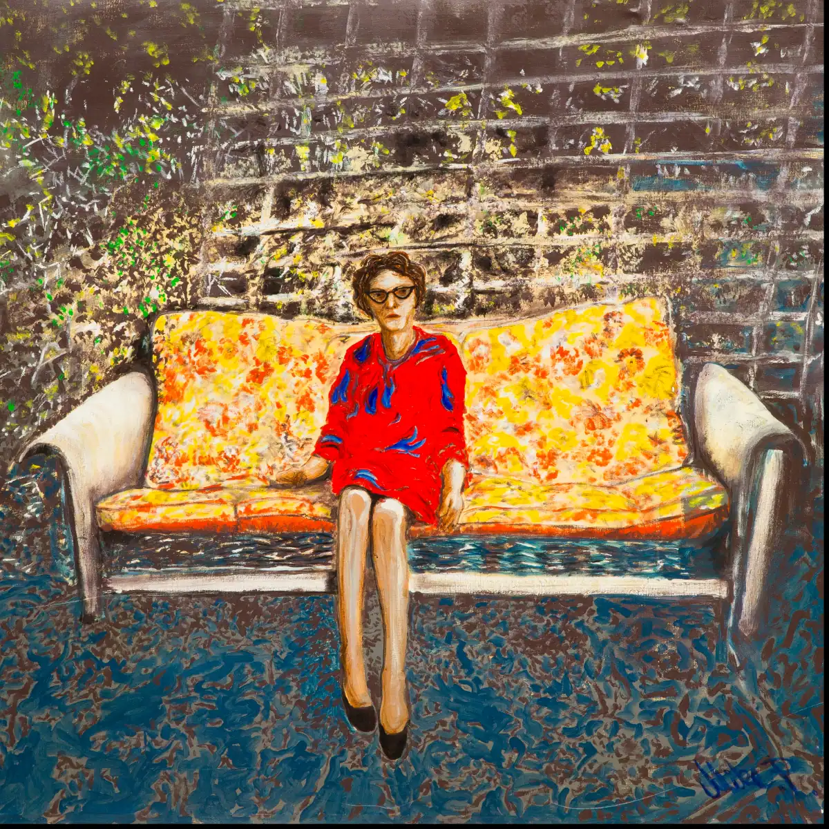 Painting of older woman with cat eye glasses sitting on a vintage glider