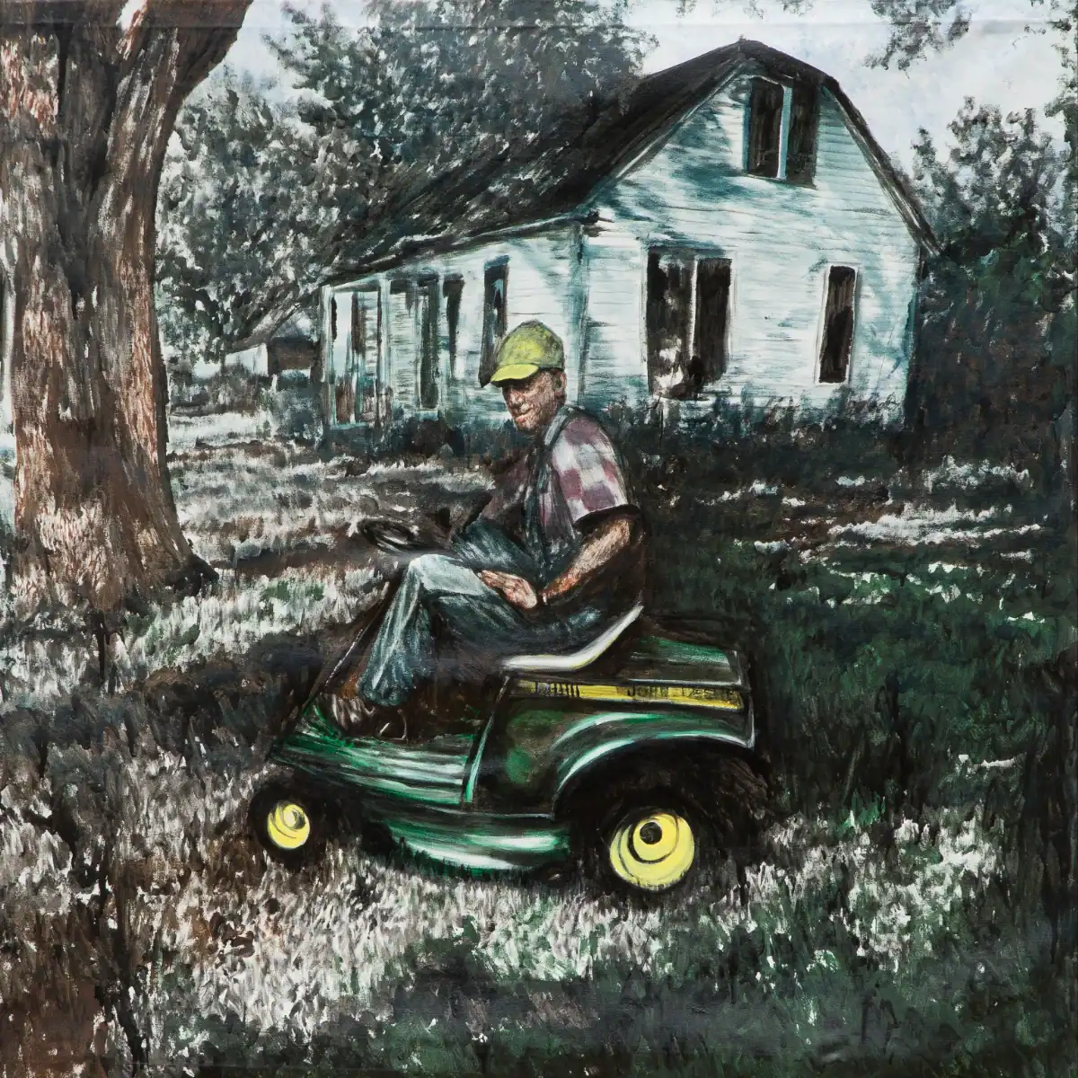 Painting of older man on tractor lawnmower in front of a white farmhouse