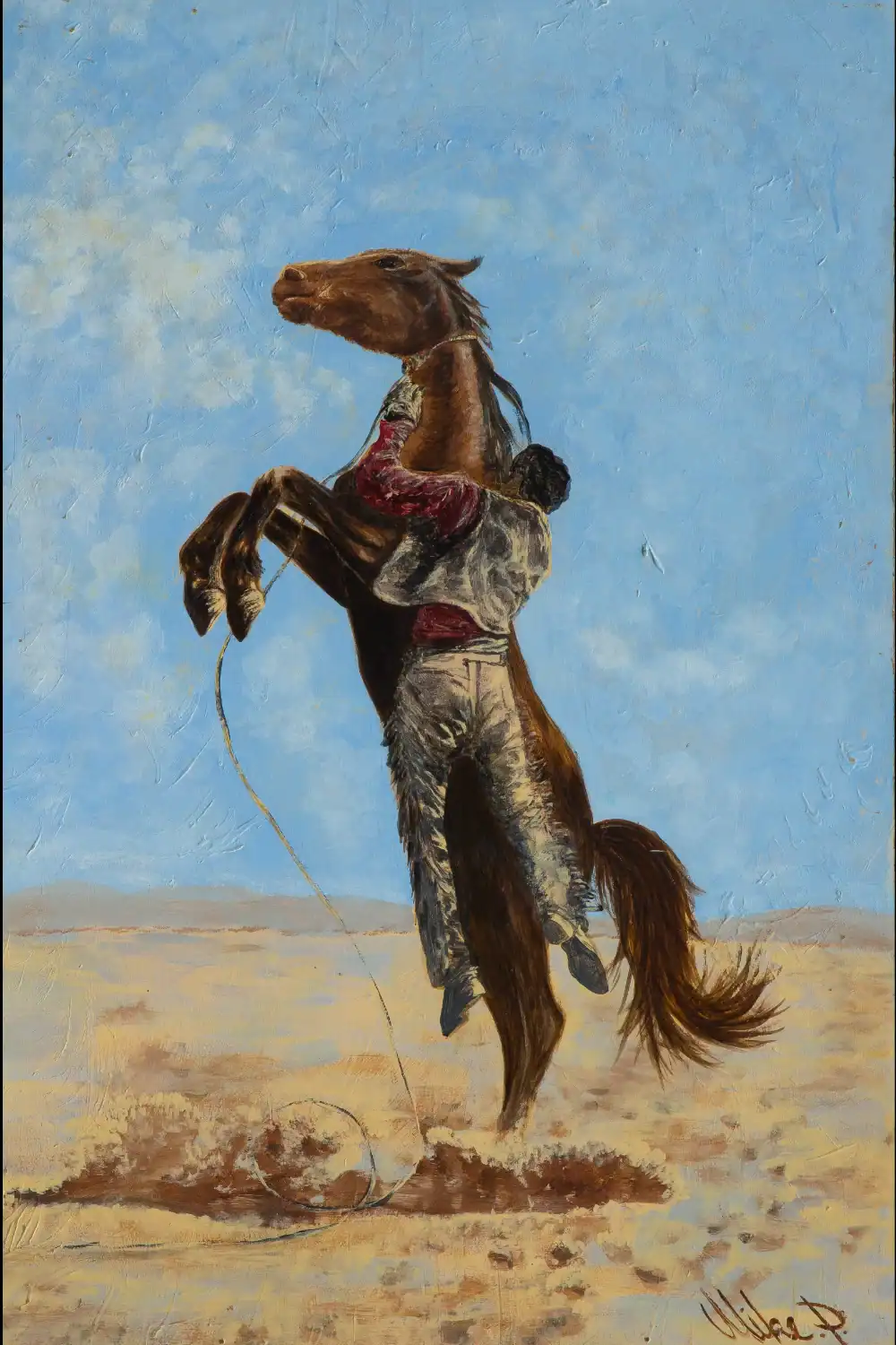 Painting of man roping a jumping horse