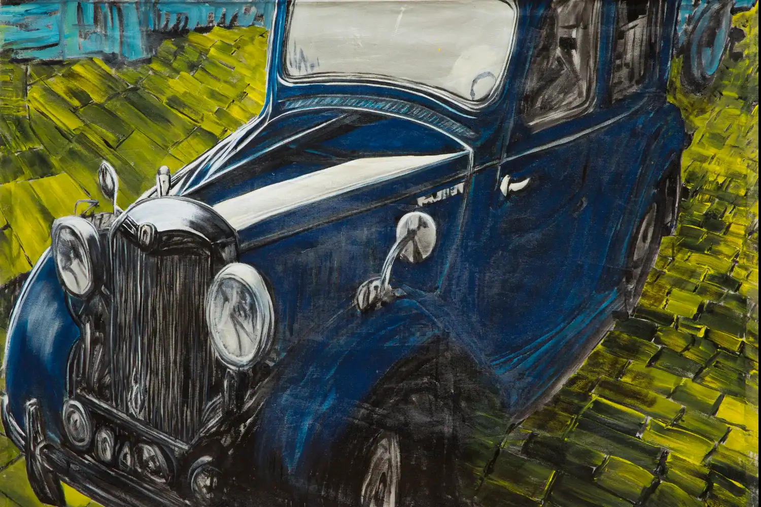 Painting of vintage car on a brick road